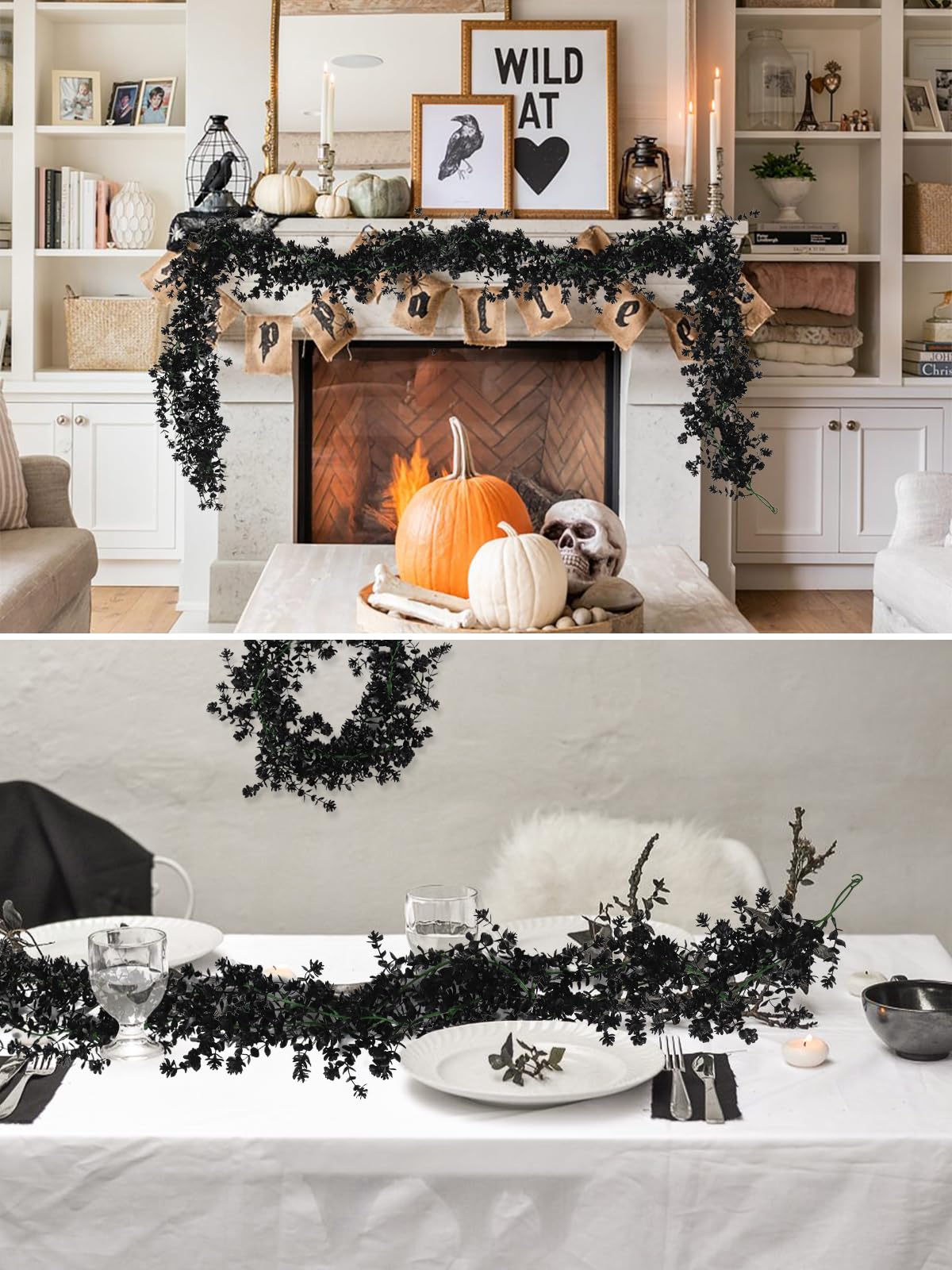 RECUTMS Black Artificial Flowers Black Eucalyptus Garlands Halloween Garland Black Leaf Garland with Flowers Fake Floral Greenery for Halloween Party Decor Home Backdrop Wall Fall Decor(Black)