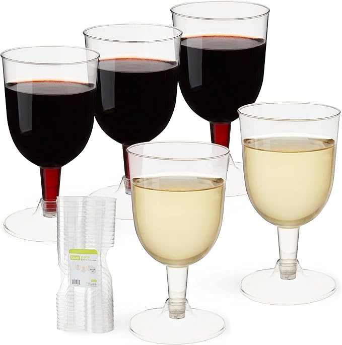 True Party Disposable Plastic Wine Glasses, Stemmed Clear Plastic Cups for Outdoors, Parties, 6 Oz Set of 20