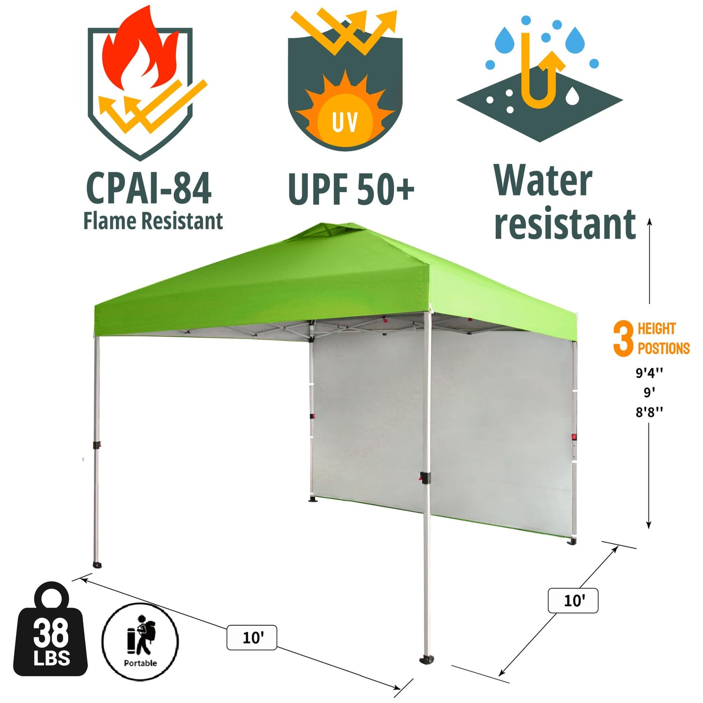 CROWN SHADES 10x10 Pop Up Canopy with 1 Side Wall - Beach Tent with One Push Setup - Outdoor Sun Shade for Events, Parties, Camping - Gazebo with STO-N-Go Cover Bag (Green)