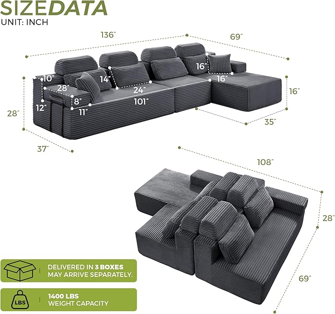 136" L-Shaped Cloud Modular Sectional Sofa with Chaise & Headrest, Boneless Deep Seat Plush Corduroy Couches for Large Living Room, No Assembly Required (Dark Gray, 136" L-shapred Chaise)