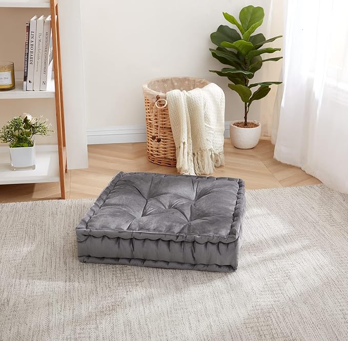 Sweet Home Collection Floor Pillow Large Square Tufted Decorative Cushion. Faux Velvet Fabric Ultra Thick Fill for Kids and Adults, Gray (Pack of 1)