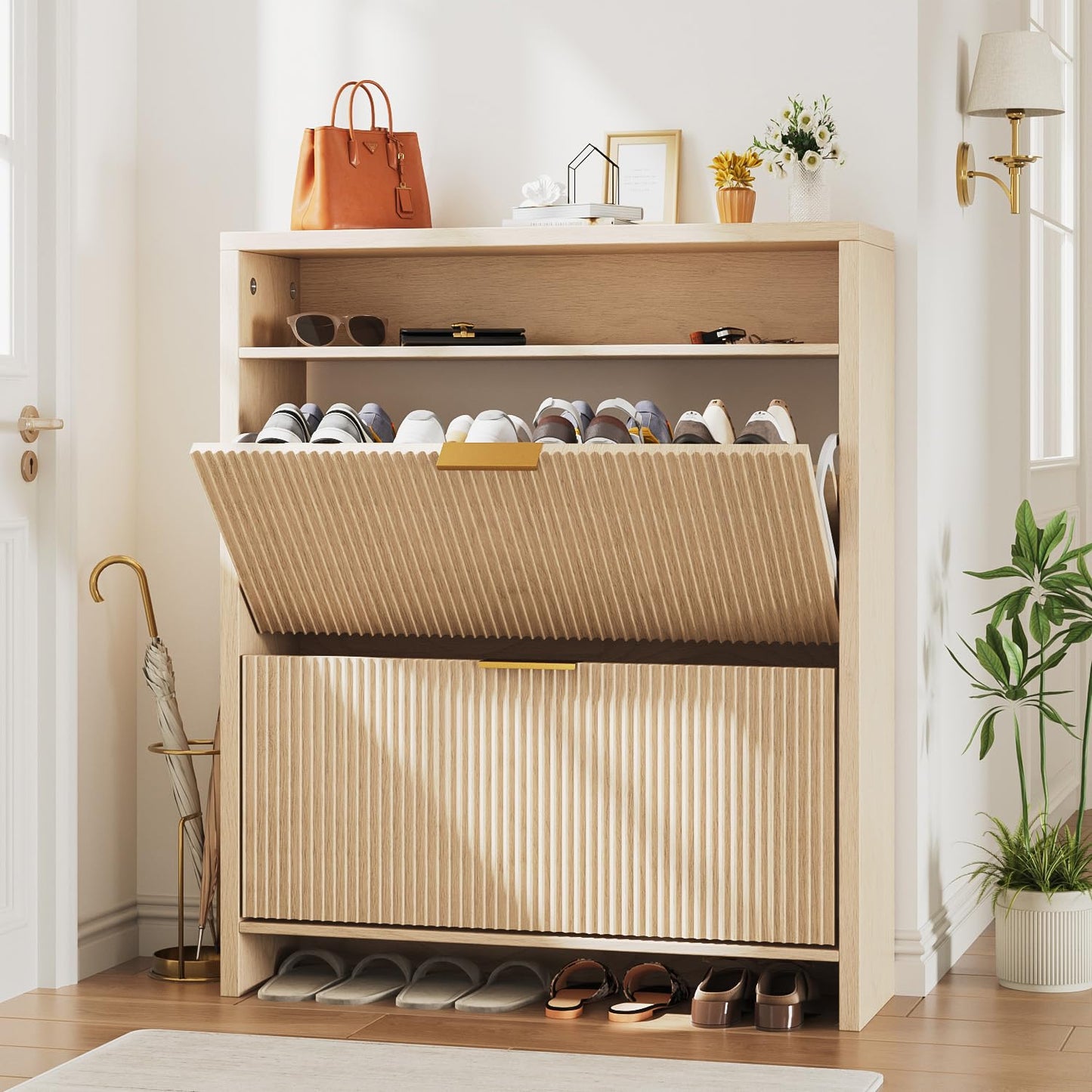 Angel Sar 31.5" Fluted Shoe Cabinet Storage for Entryway, Narrow Shoe Organizer with 2 Flip Drawers Open Compartment & Gold Handles, Freestanding Entryway Cabinet for Hallway, Living Room