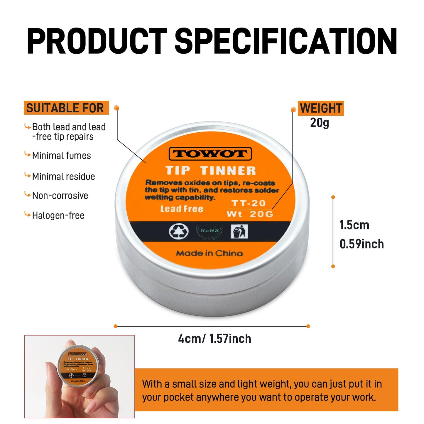 TOWOT Tip Tinner For Electronics Soldering, Iron Tip and Re-Tinning Solution, Removes Oxidation, 20g