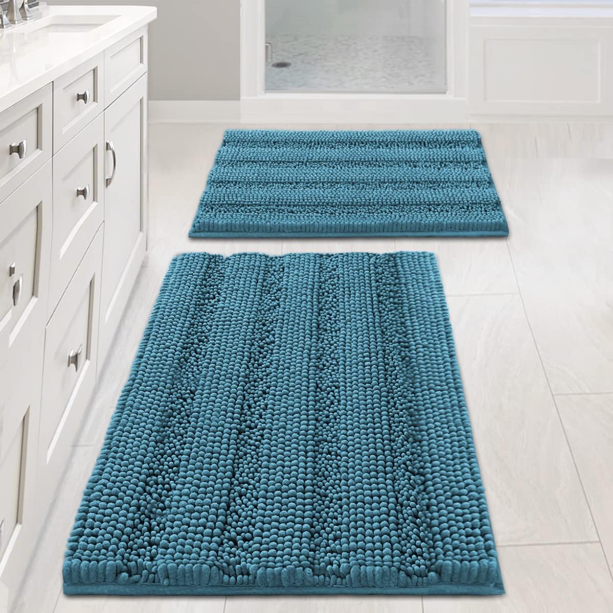 H.VERSAILTEX Turquoise Bathroom Rug, 2 Piece Bathroom Rug Set Slip-Resistant Extra Absorbent Soft and Fluffy Thick Striped Bath Mat Shag Floor Mat(Turquoise Blue, 20" x 32"/17" x 24")