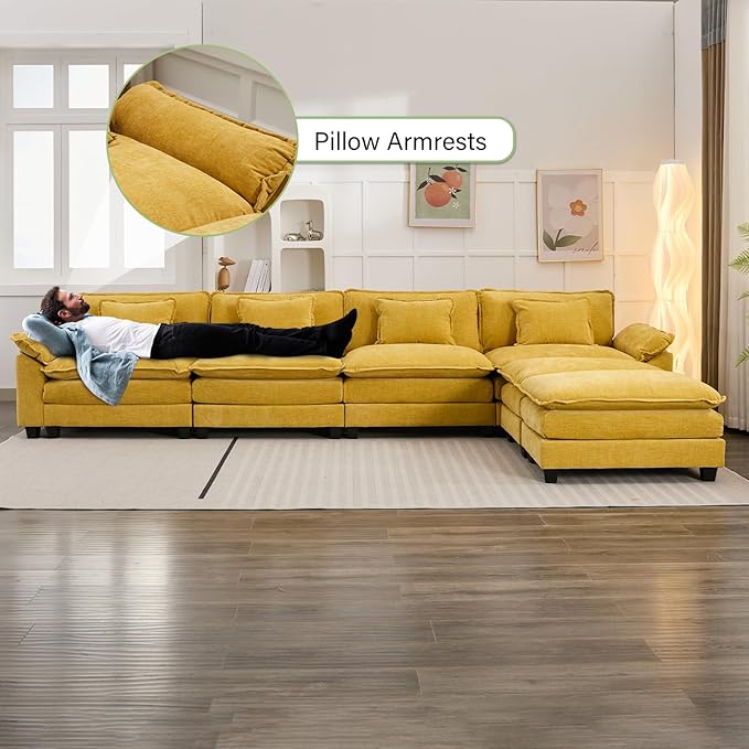 Oprisen 154" Modular Sectional Sofa, Comfy Cloud Couch Sectional Sofa with Ottoman, Chenille Sofa Sleeper Deep Seat Sofa with Throw Pillows for Living Room (Yellow, 154"- U Shape)