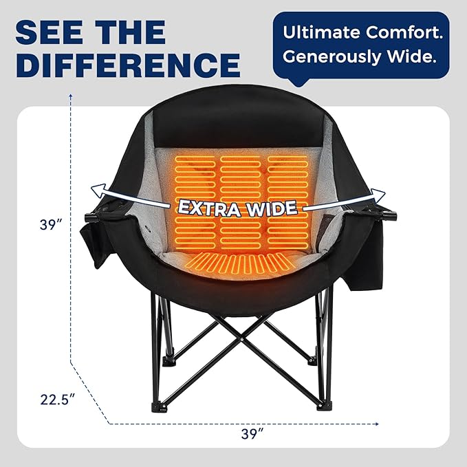 apollo walker Heated Oversized Camping Chair - Extra Wide Heavy Duty Padded Folding Camping Chairs for Adults with Adjustable Heating, Cooling Bag, Side Pocket, Cup Holder and Carry Bag
