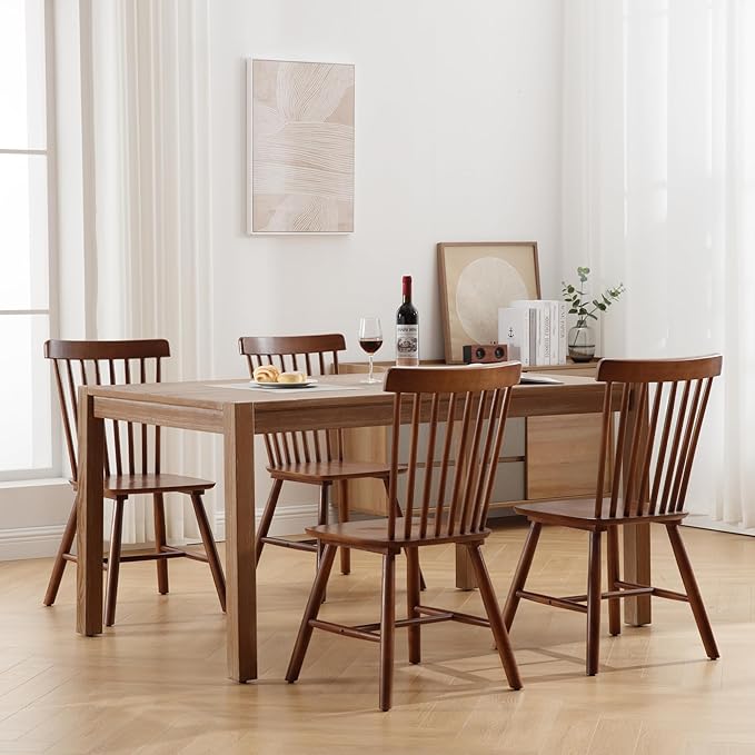 LZAREAL Windsor Dining Chairs Farmhouse Dining Chairs Set of 6 Modern Wood Kitchen Chairs Mid Century French Country Spindle Chair for Dinning Room Kitchen Restaurant Bar Canteen Library, Walnut