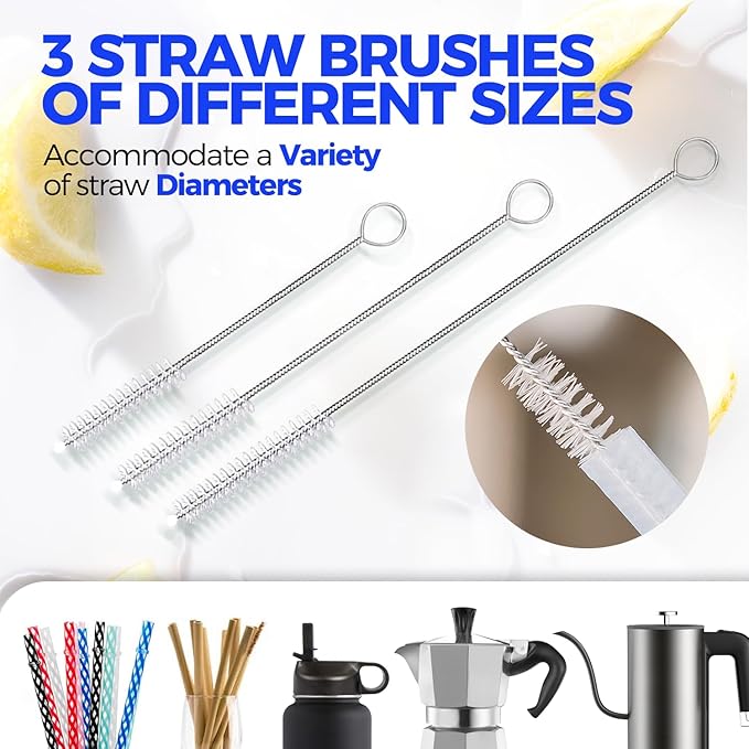 Holikme 5 Pack Bottle Brush Cleaner Set, 14" Long Handle Stainless Steel Bottle Cleaner Brush, 3 Straw Brushes, Bottle Cleaning Brush for Water Bottle, Cups, Baby Bottle, Straws Blue