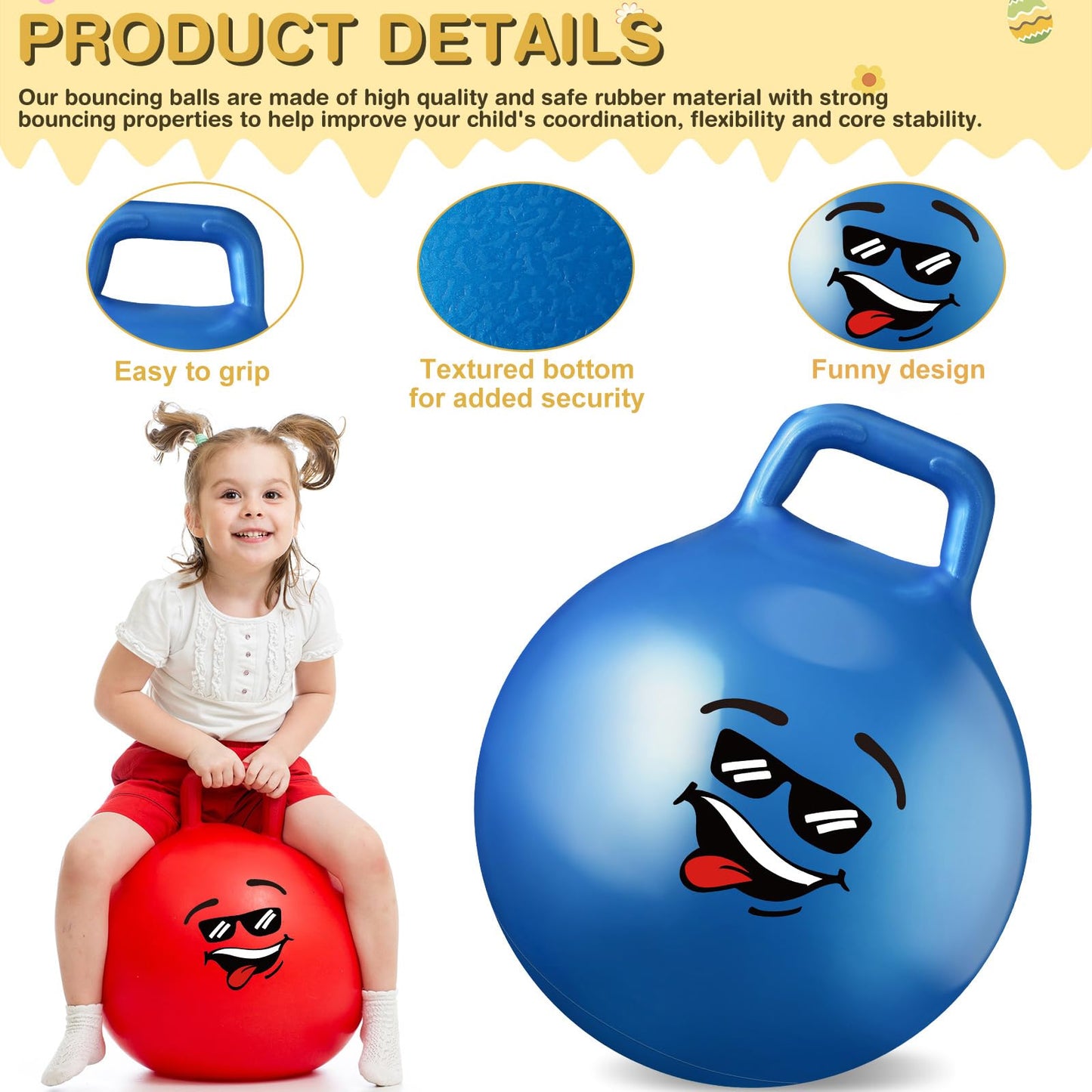 Tinlade 5 Pcs Hopper Ball for Kid Bounce Balls with Handles 18 Inch Large Jumping Hopping Inflatable Hippity Hop Ball with Air Pump Ride on Toys for Carnival Outdoor Sports Games Balance Exercise