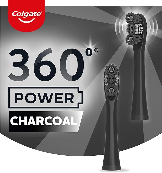 Colgate 360 Power Charcoal Replacement Toothbrush Heads, Works with Any 360 Battery Toothbrush, Features Soft Bristles and a Rubber Polisher on Each Replacement Head, 2 Pack