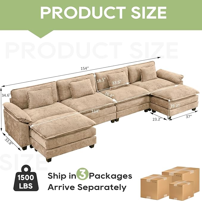 Oprisen 154" Modular Sectional Sofa, Comfy Cloud Couch Sectional Sofa with Ottoman, Chenille Sofa Sleeper Deep Seat Sofa with Throw Pillows for Living Room (Khaki, 154"- U Shape)