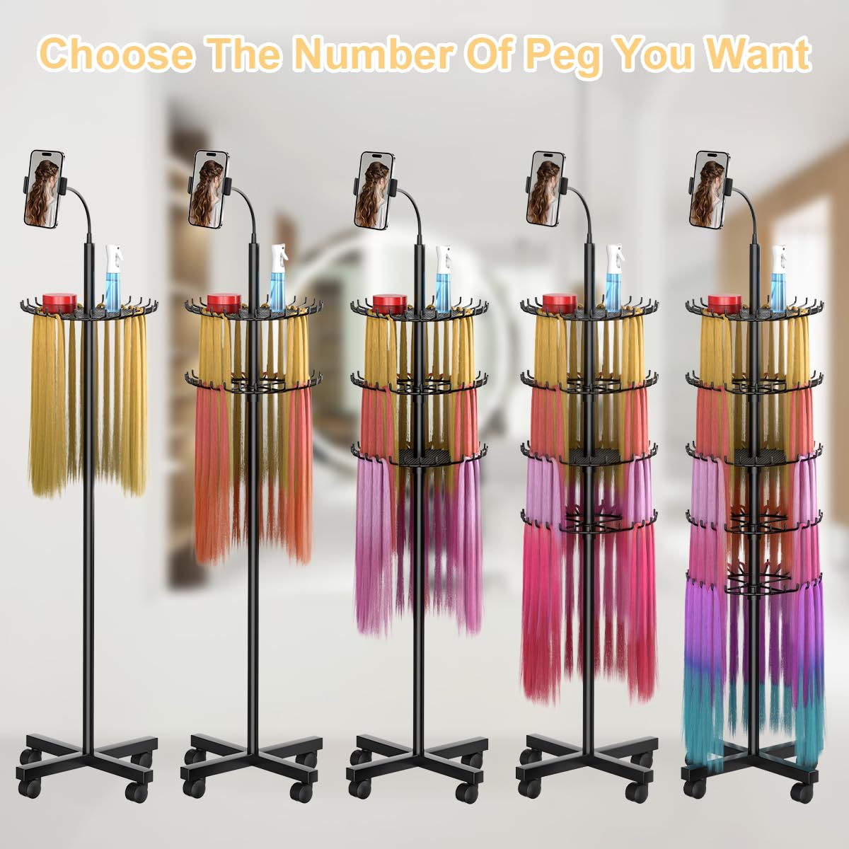 VIFOCUFY Braiding Hair Rack Standing Hair Extension Holder - 140 Pegs Braiding Hair Rack & Divider Stand with Phone Holder for D
