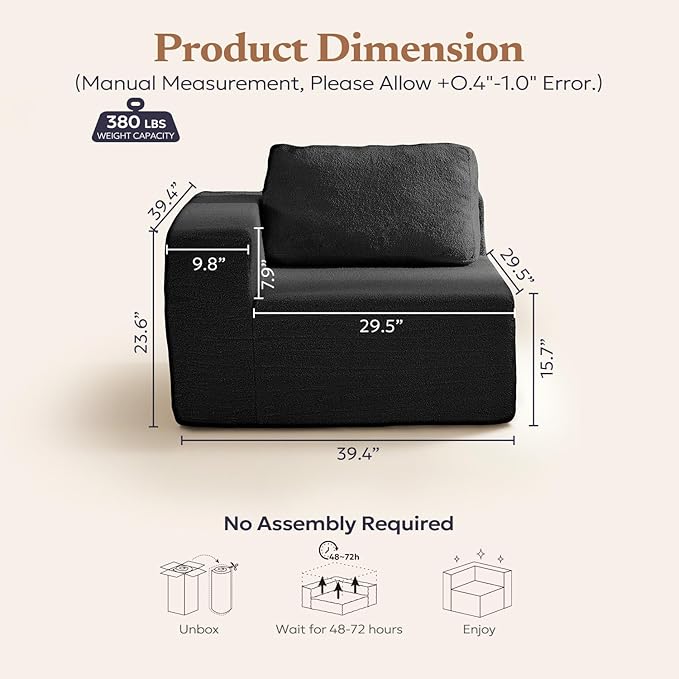 Furnify 40" Giant Bean Bag Chair for Adults, Upholstered Floor Sofa Couch with Pillow, Teddy Boucle Sofa for Bedroom Living Room, No Assembly Required (Black, Teddy Boucle)