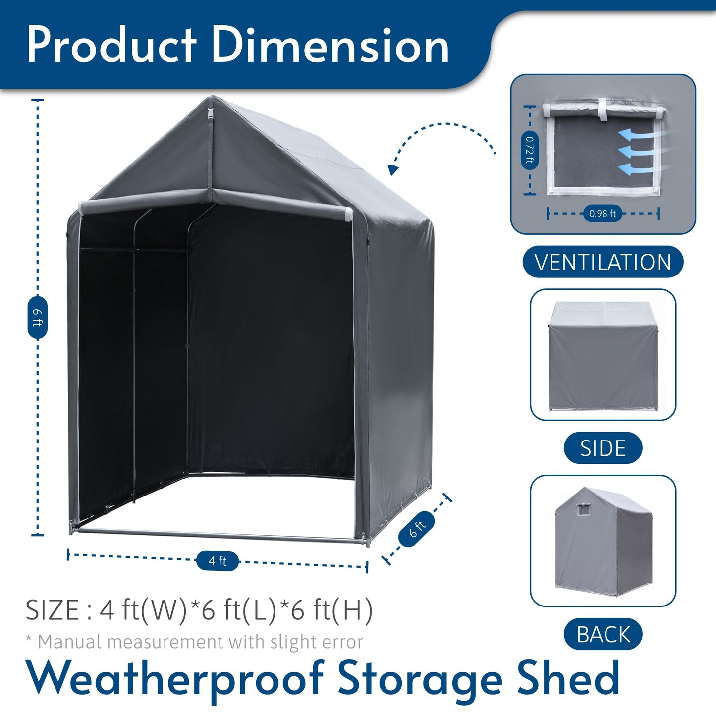 HOTEAGLE Sheds & Outdoor Storage, 3/4 inch Thick Support Rods & Bolted Frame (Not Socket), Rolled Up Doors and Ventilation Window, Portable Garage 6 x 4 ft