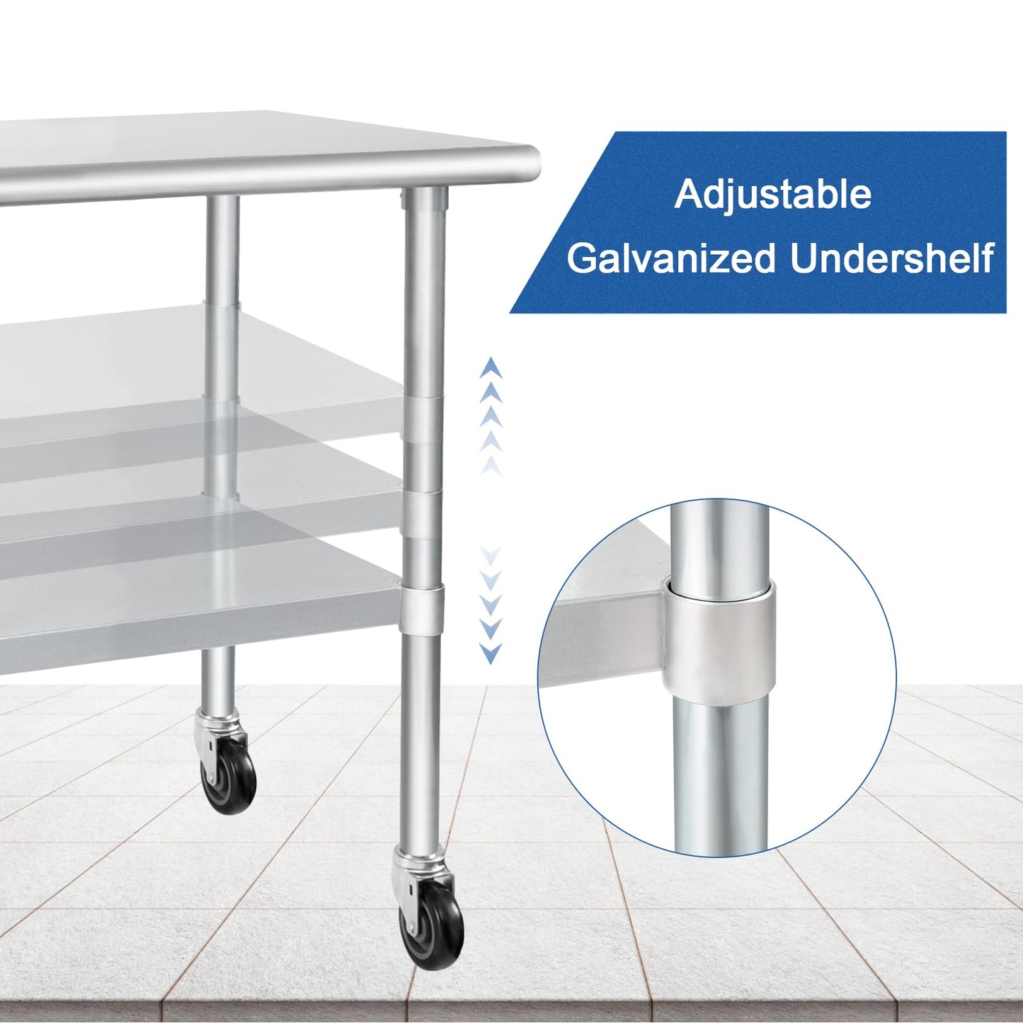 HARDURA Stainless Steel Table with Wheels 24 x 72 Inches Casters NSF Heavy Duty Commercial Work & Prep Table with Undershelf and Galvanized Legs for Restaurant Kitchen Bar and Hotel Garage