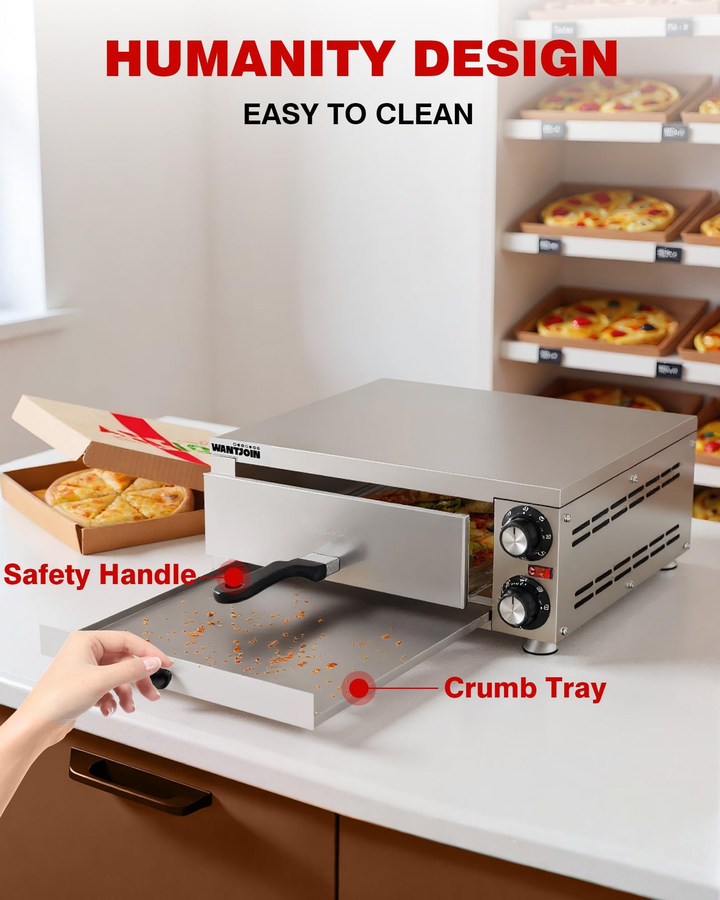 Wantjoin Pizza Oven Indoor - Electric Pizza Ovens Countertop Stainless Steel Commercial Pizza Maker Fits 12" Pizzas, With Timer Crumb Tray, 1100W, For Home, Bars, Food Trucks, Silver