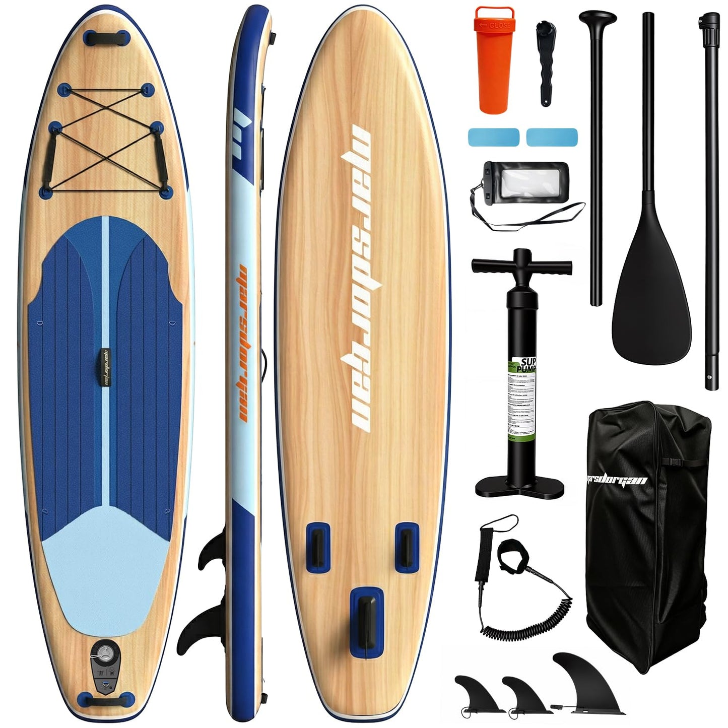 Marsdorgan 11' Inflatable Paddle Board Light Oak | Extra Wide SUP with Non-Slip Deck for All Levels | Portable for Lake Ocean, Complete Accessory Package