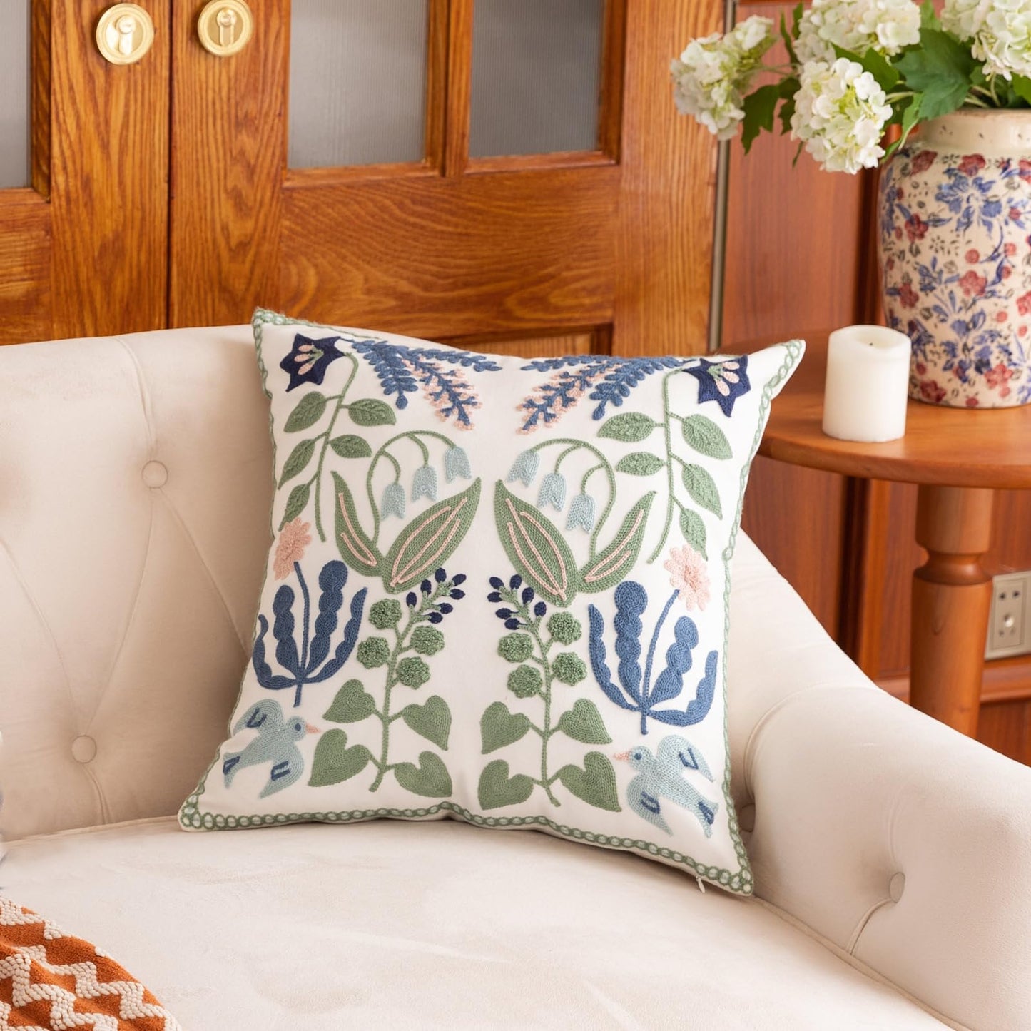 YIcabinet Pillow Covers Set of 2, Embroidered Branch Pattern Throw Pillow Cover,Square Cotton Cushion,Pillow Case for Sofa Bedroom Couch,18"x18"