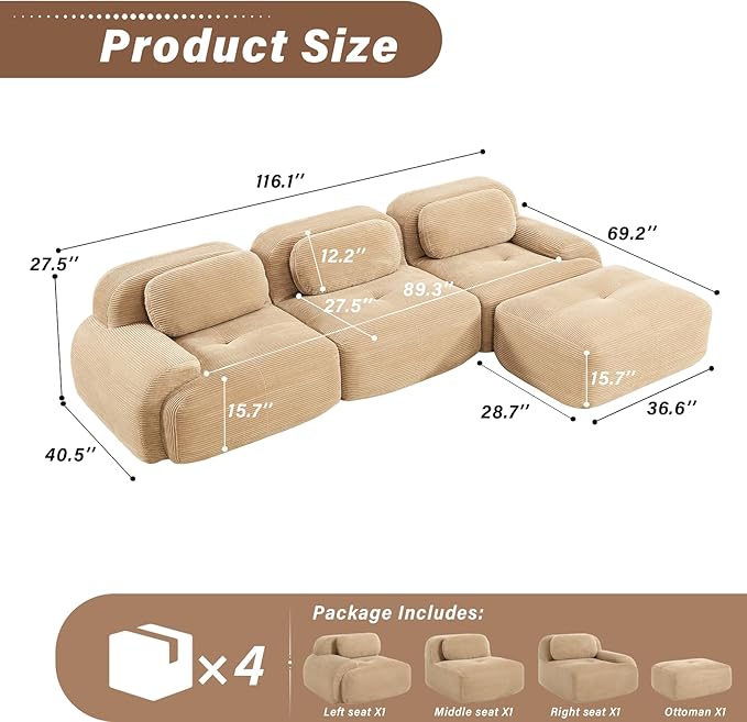 SoarFlash 117" Modern L-Shaped Modular Sectional Sofa for Living Room, Corduroy Upholstery Oversized 3-Seater Couch with Deep Seat and Movable Ottoman-No Assembly, Camel