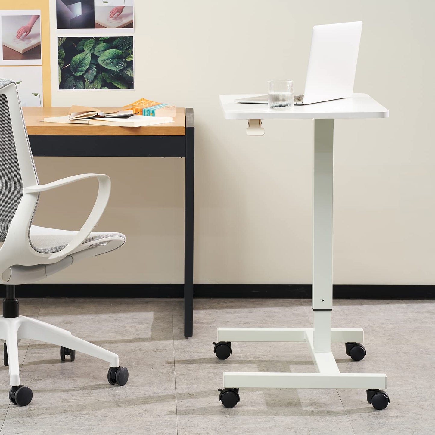 CLATINA Round Edge Design Elegant Mobile Laptop Desk Pneumatic Sit to Stand Table, Height Adjustable Rolling Cart with Lockable Wheels for Home Office Computer Workstation, 28" x 19" White