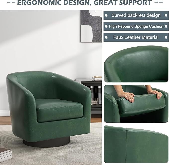 UIXE Faux Leather Swivel Accent Chairs, Modern Upholstered Barrel Club Chair for Living Room, Round Armchair Single Sofa Bedroom Side Reading Seat - Green, Set of 2