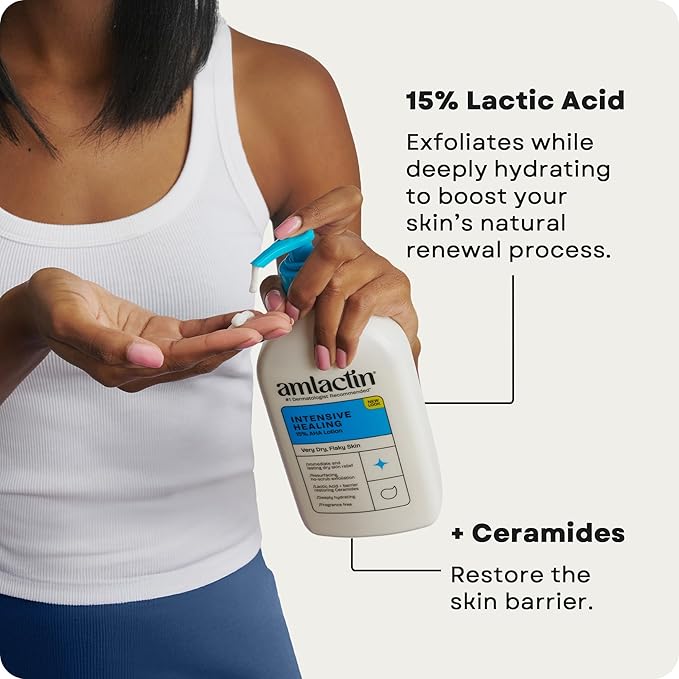 AmLactin Intensive Healing Body Lotion - Therapeutic Lotion for Extremely Dry Skin - No-Scrub Exfoliator and Moisturizer with 15% Lactic Acid AHA and Ceramides, 14.1 oz (Packaging May Vary)