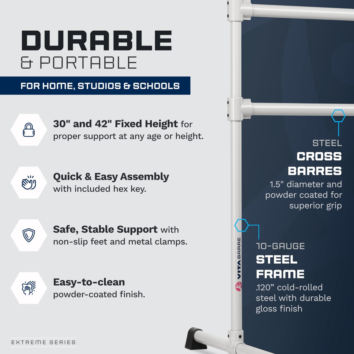 VITA Barre Portable Freestanding Double Ballet Barre, Extreme, 4 Ft Bars, Satin Silver, Steel | Fixed Height, Made in USA, Home or Gym Exercise Equipment for Kids & Adults | Dance, Fitness, Pilates