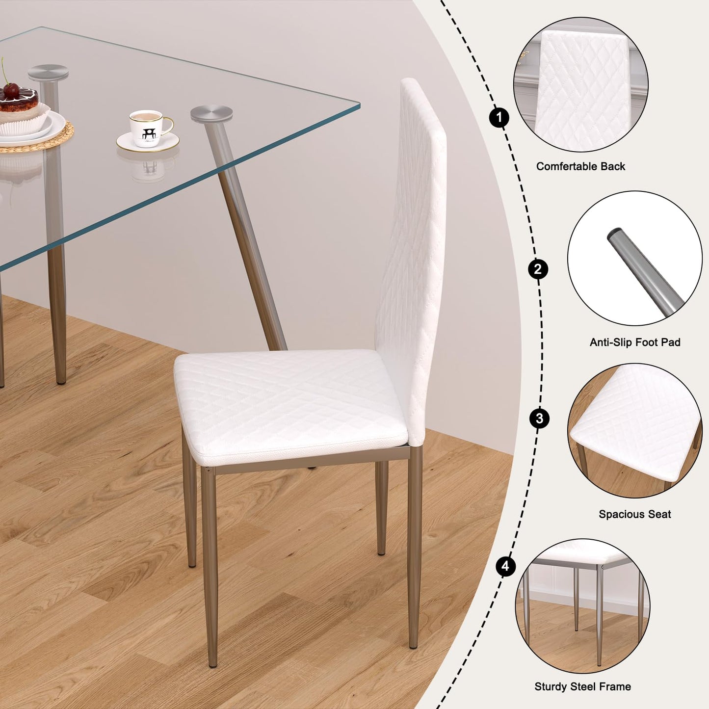 QJZLXKYT Glass Dining Table Set, Glass Dining Room Table with Chairs for 6 People, 7 Piece Kitchen Table and Chairs Set, Modern Style, Perfect for Small Space, Easy Assembly (Include 6 White Chairs)