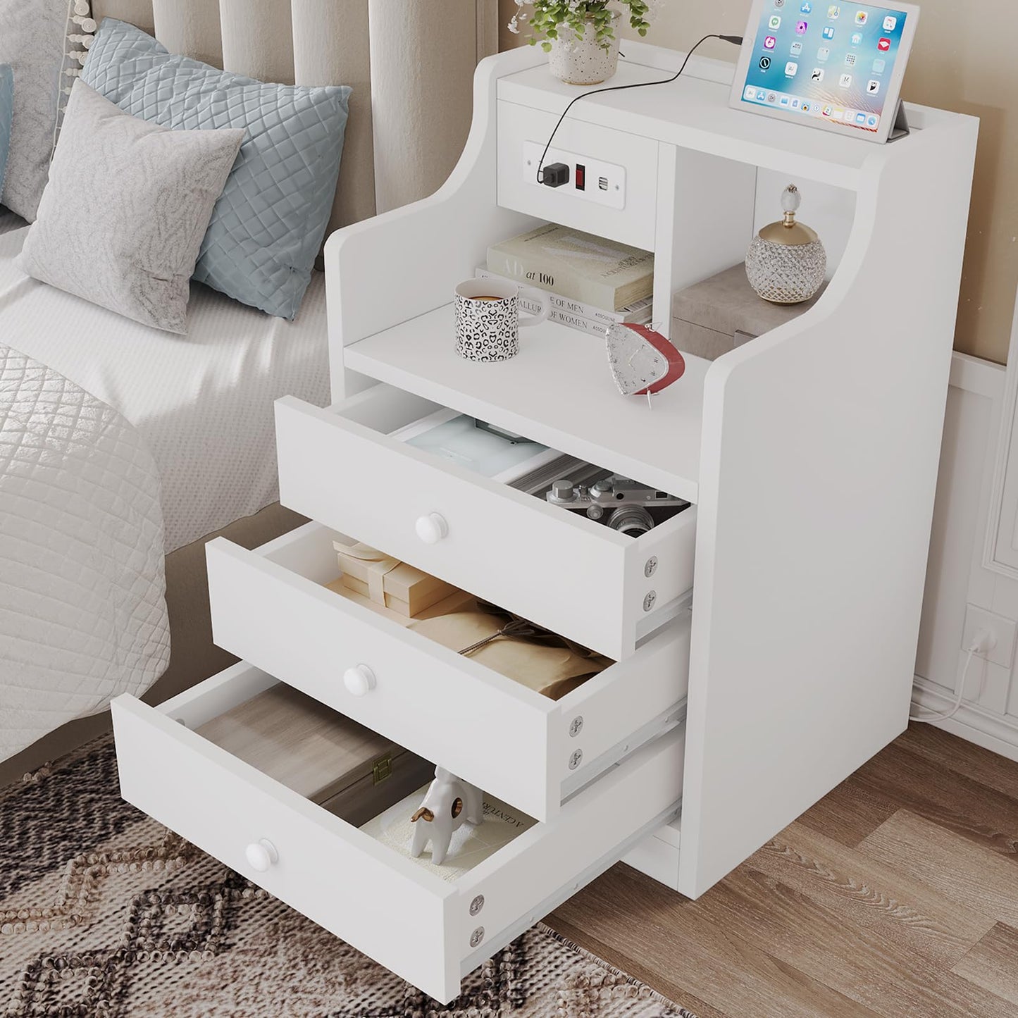Tiptiper Nightstand with Charging Station, Night Stand with 3 Storage Drawers, Bedside Table with Hutch, Modern End Side Table for Bedroom,White
