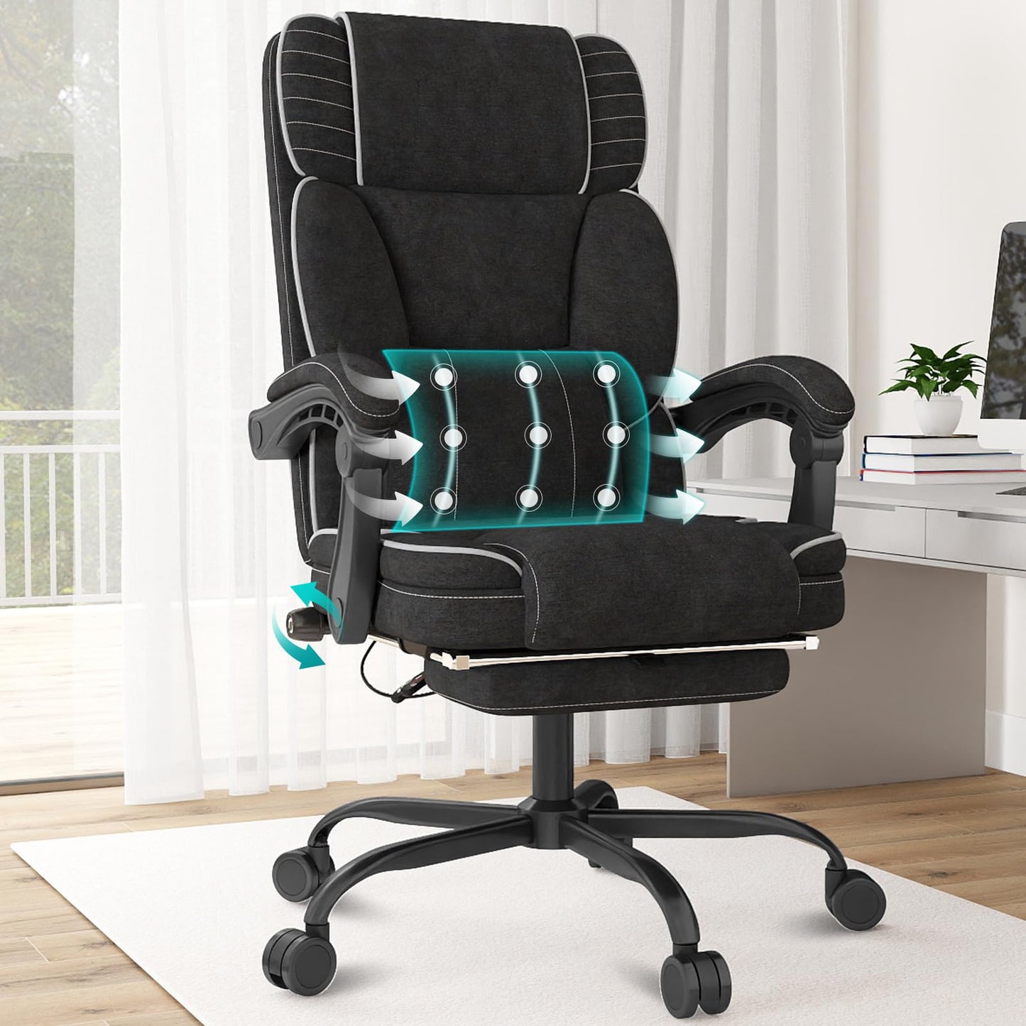 Executive Office Chair with Footrest, Ergonomic Reclining Computer Desk Chair with Adjustable Lumbar Support, 360° Swivel, Breathable Fabric, 400lbs Capacity for Home & Office