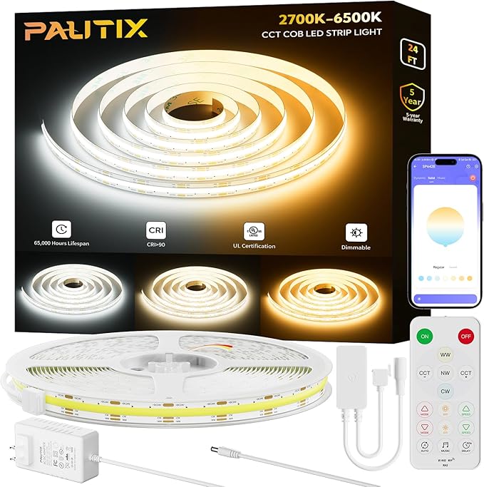 PAUTIX COB LED Strip Lights 2700K-6500K CCT Tunable White 24ft UL-Listed Dotless LED Lights Super Bright Dimmable 24V LED ...
