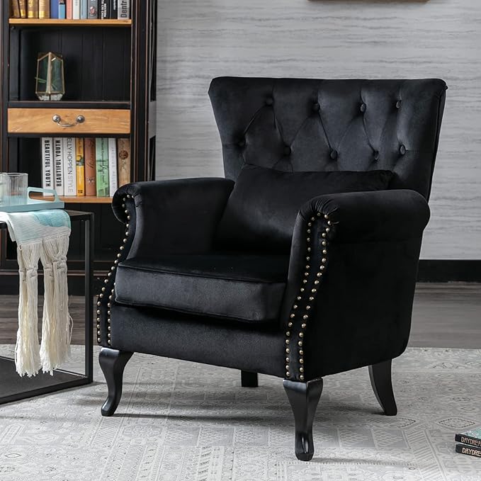 DM Furniture Set of 2 Mid-Century Modern Accent Chair, Velvet Armchair w/Tufted Back/Wood Legs, Upholstered Lounge Arm Chair Single Sofa for Living Room Bedroom, Black
