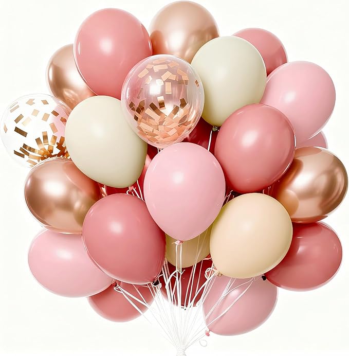 PartyWoo Dusty Pink Balloons 65pcs 12 Inch Blush Rose Pink Metallic Rose Gold Nude Boho White Sand Confetti Balloons for B...