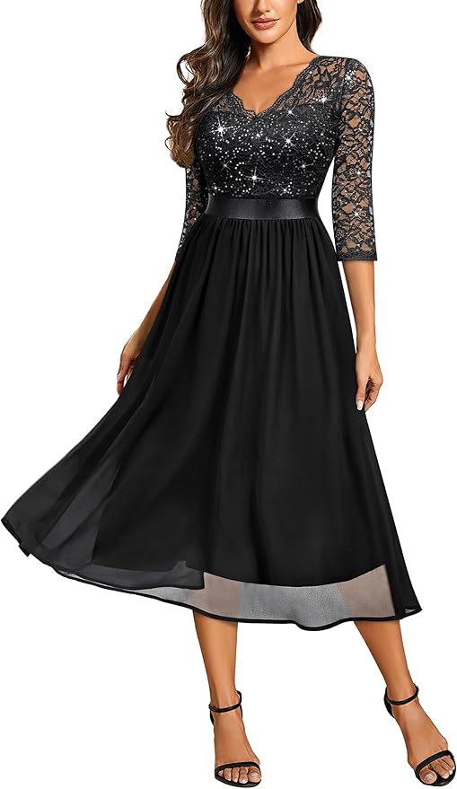 Miusol Women's Elegant V Neck Sequin Lace Sleeve Bridesmaid Party A-line Dress