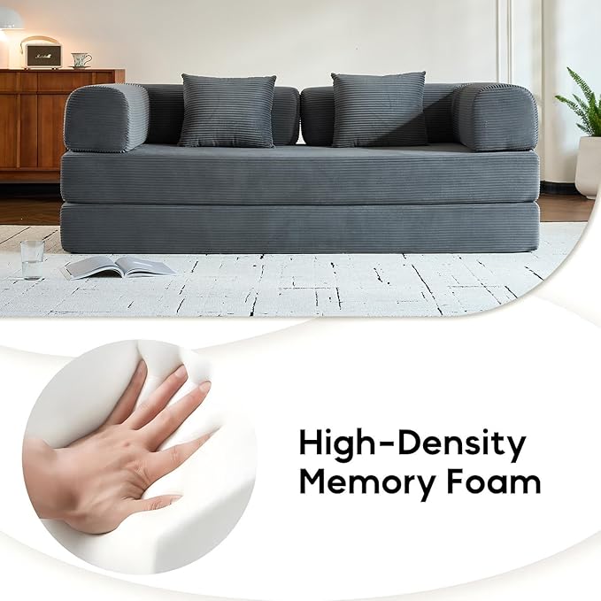 ZEIINPA Comfy Convertible Folding Mattress Couch, Floor Sofa Bed with Fixed-Shape Frame, Corduroy Floor Sofa with Armrest, Floor Sofa Lounge Couch for Living Room Bedroom Lounge Studio,Grey