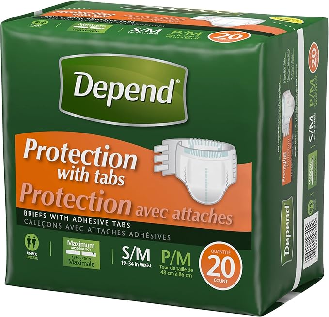 Depend Protection with Tabs, Maximum Briefs S/M, 20 Count 19-34 in Waist