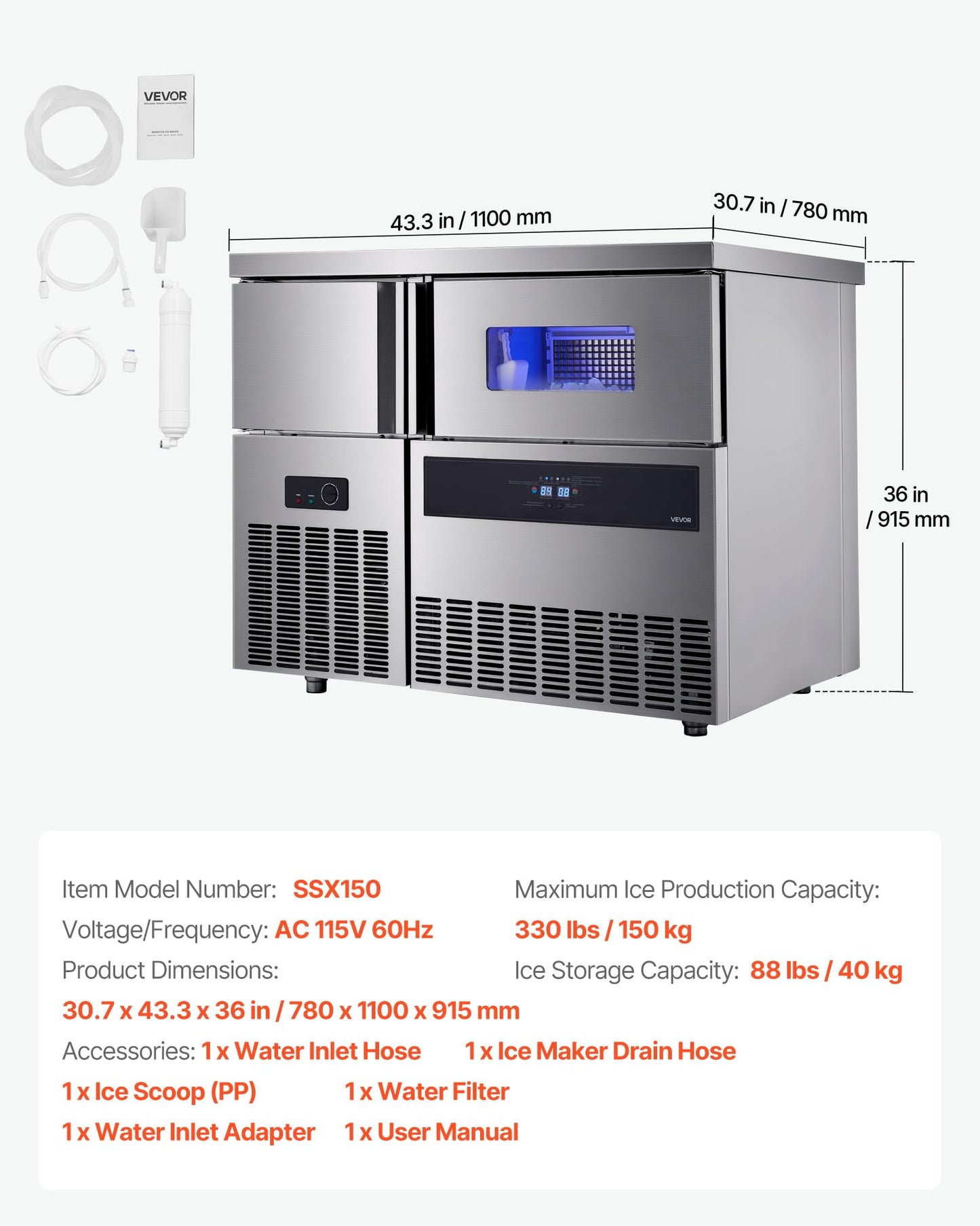 VEVOR Commercial Ice Maker Machine, 330 lbs/24H Stainless Steel Ice Machine with Worktop, 88 lbs Storage & 144 Cubes/Cycle, Self-Cleaning Freestanding Ice-Making for Home Bar Office Restaurant Kitchen