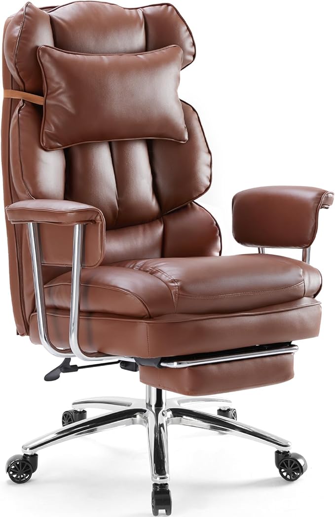 Sweetcrispy Executive Home Office Desk Chair - Ergonomic Big Tall High Back with Footrest & Lumbar Support, Reclining Height Adjustable, Comfy PU Leather Computer Gaming with Swivel Wheels, Brown
