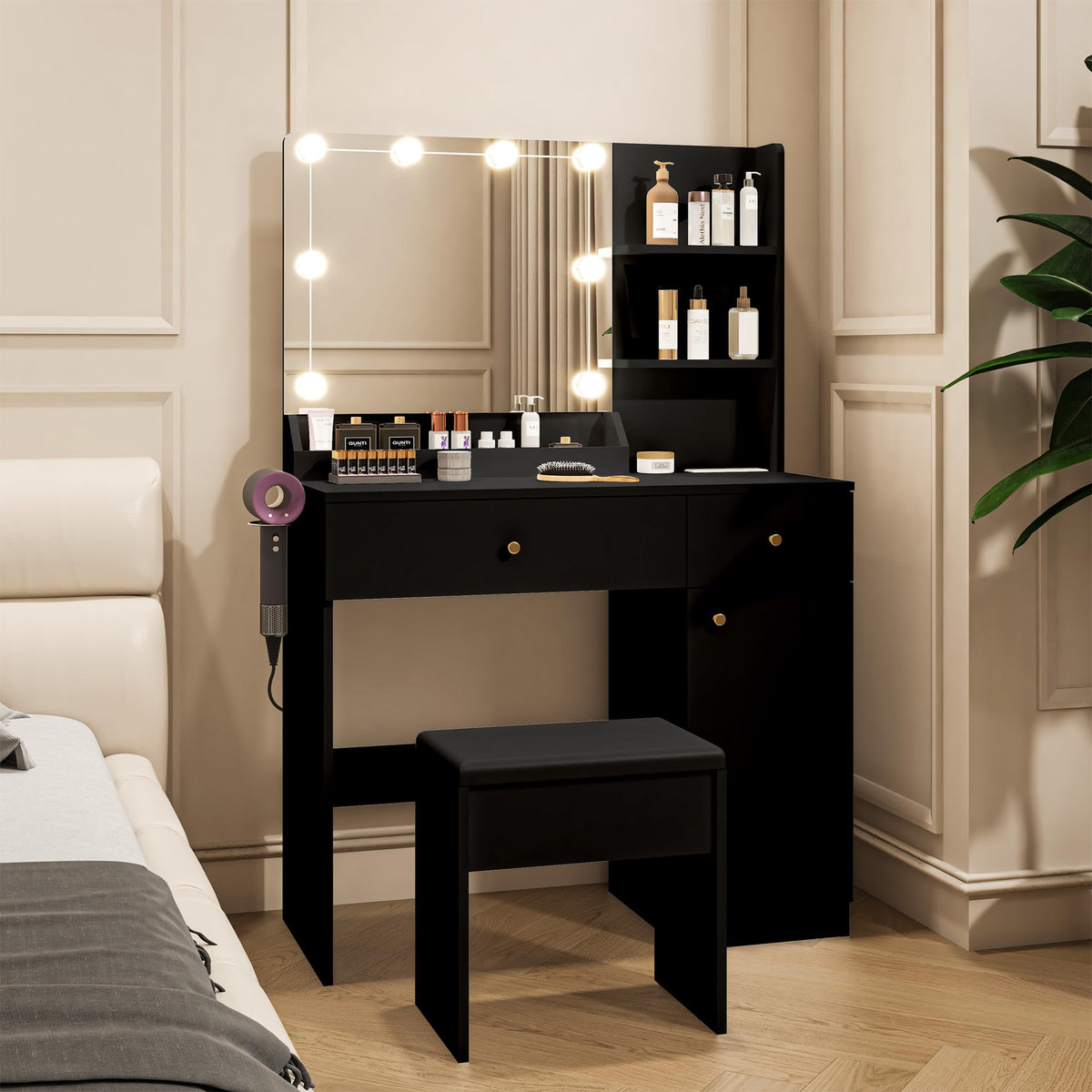 Yegosh Vanity Desk 35.4 Inch Makeup Vanity Table with Mirror and Lights Drawers & Cabinet Storage Shelves Cushioned Stool Dressing Table Set Include Charging Station Hair Dryer Stand (Black)