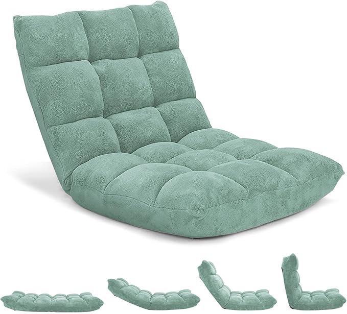 DREAMADE Folding Floor Chair w/Back Support, 14-Position Adjustable Lazy Sofa Chair w/Coral Velvet Fabric & Alloy Steel Frame, Portable Meditation Chair for Reading, Gaming,Sleeping (Green)