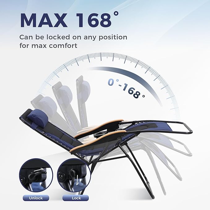 MAISON ARTS Oversized XXL Zero Gravity Chair Set of 2, 30" Wide Seat Padded Foldable Recliner, Anti Gravity Outdoor Lawn Chair for Poolside/Backyard/Beach, Supports 400lbs, Blue