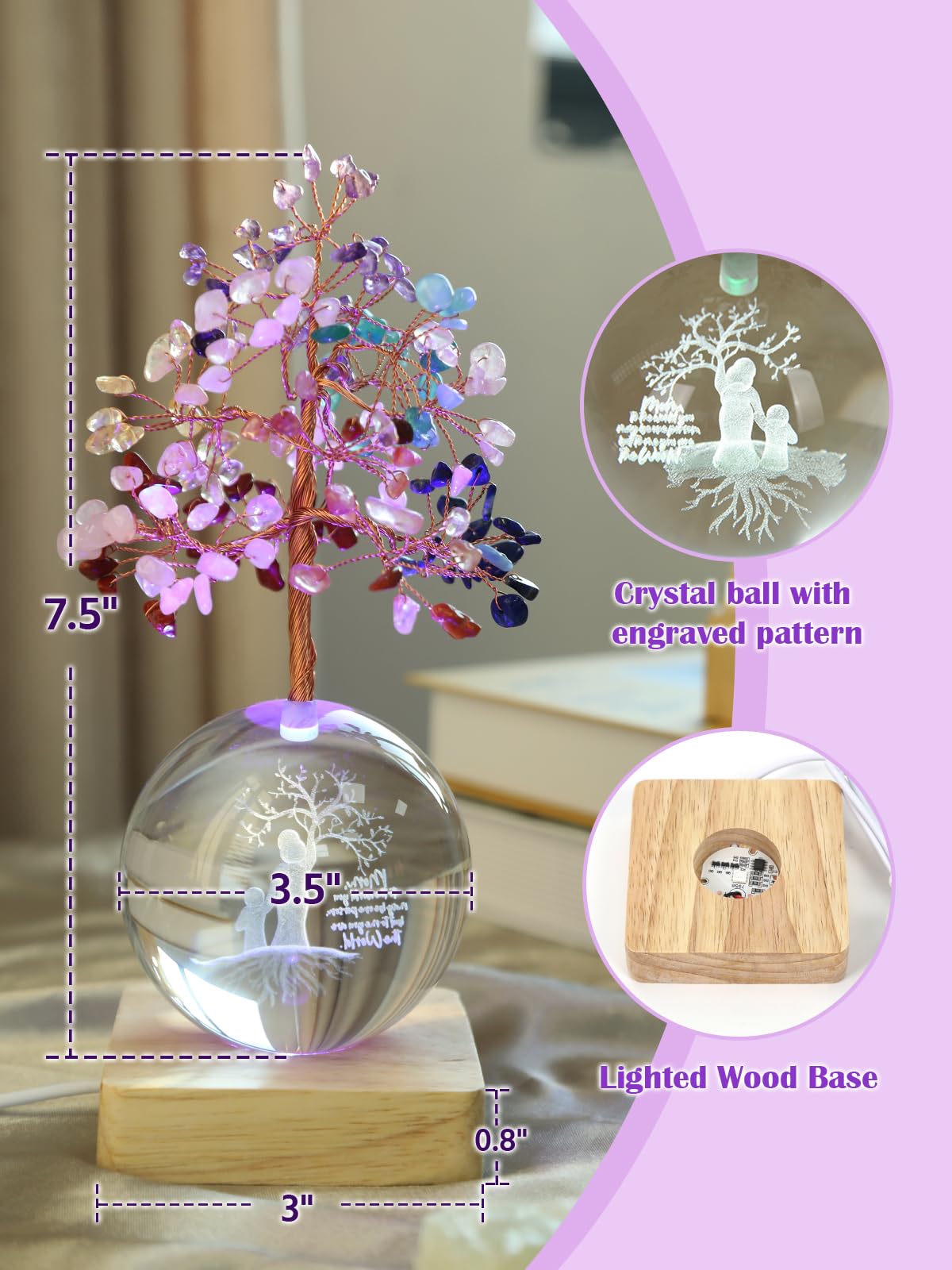 FOLKOR LIFE Chakra Tree Gift for Mom Women Birthday Mother’s Day, 3D Mom Kid Figurines Night Light Crystal Ball for Meditation Relaxation, Spiritual Tree Feng Shui Decor for Home Office Shelf Desk