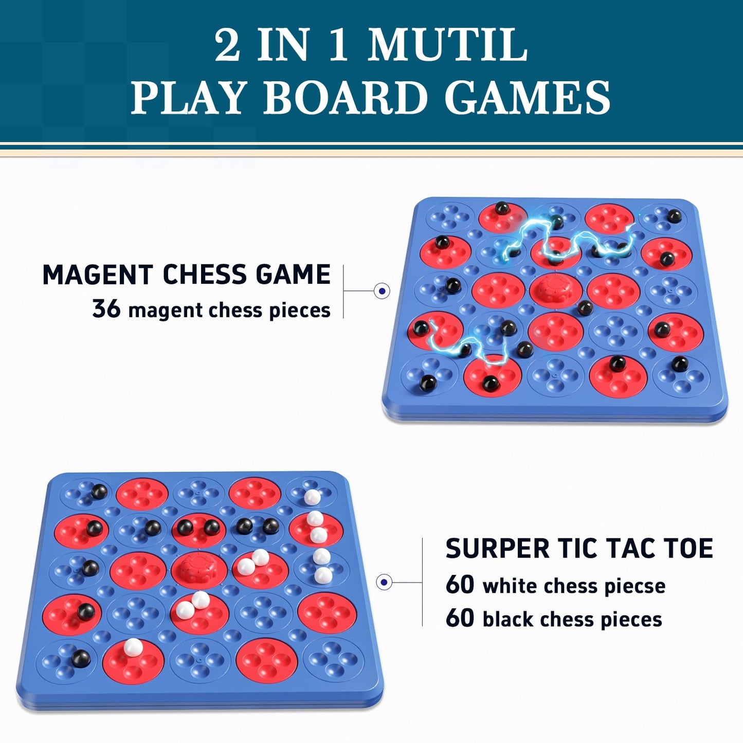 Magnetic Game Chess, Magnet Game, Magnetic Board for Kids Adults Family Games Night, 2 in 1 Multiplayer Magnetic Games with 36 Stones & Connect-5-Piece Toys, Magnet Chess Set Gift (Blue)