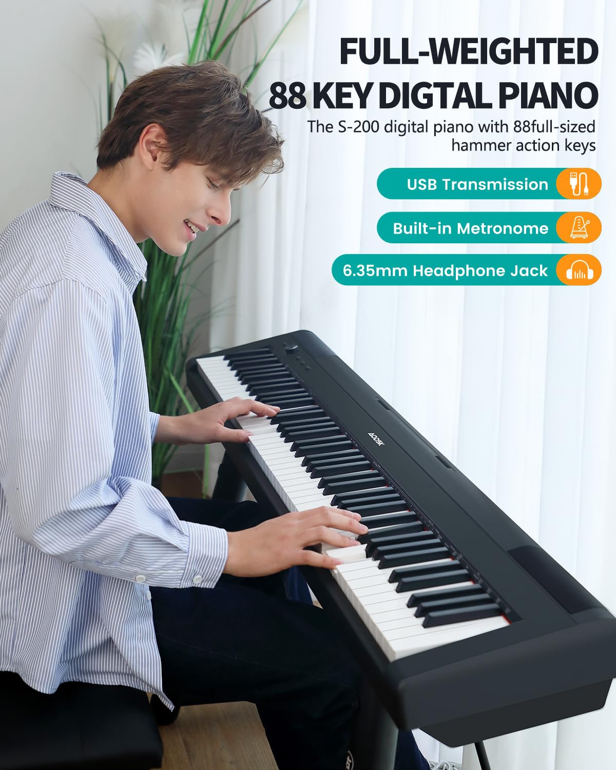 AODSK Digital Piano 88 Key Weighted keyboard Piano with Portable and stable U stand, Full Size Weighted Keyboard, with 3-Pedal Unit, 2x15W Stereo Speakers, MP3 Function, Black, Piano Lessons