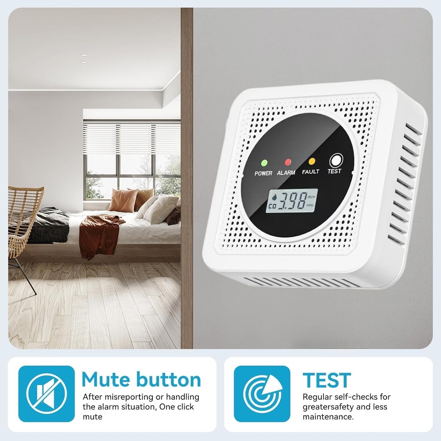 2-in-1 Smoke Detector and Carbon Monoxide Detectors, Battery Powered, CO&Smoke Alarm with Sensitive Sensor, Digital LCD Display, LED Signal Lights, Portable CO and Smoke Monitor Alarm