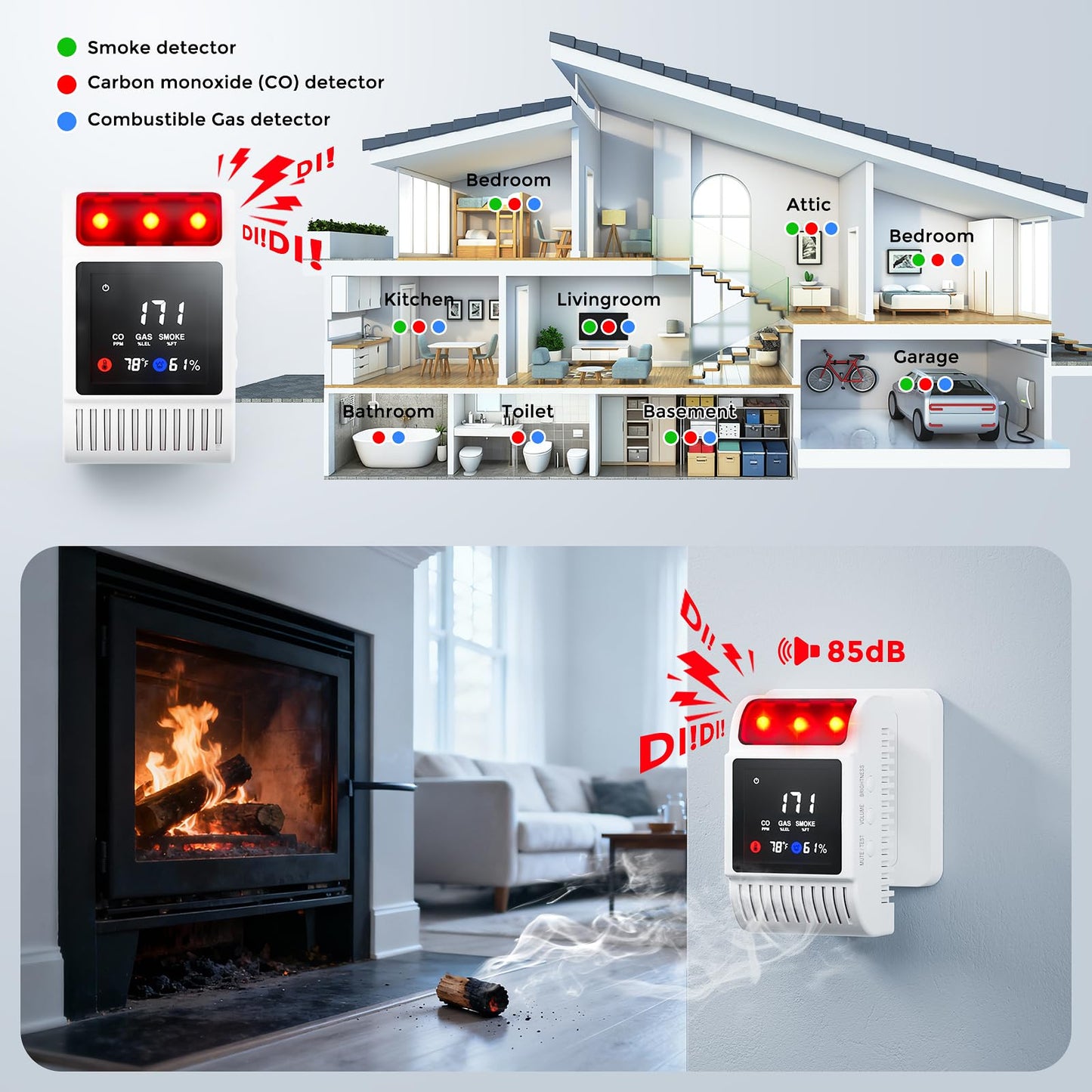 Carbon Monoxide Detectors & Gas Detector, Smoke and Carbon Monoxide Detector Battery Backup with Temperature Humidity Detection, CO & Smoke Alarm Adjustable Brightness & Sound for Home/Travel 2 Pack
