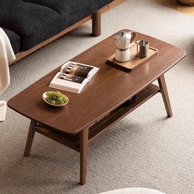 Hymus Solid Wood Coffee Table - 2-Tier Modern Center Table, Living Room Tables with Double Storage for Living Rooms, Bedrooms, and Offices (Walnut, 39.37" D x 19.69" W x 17.32" H)