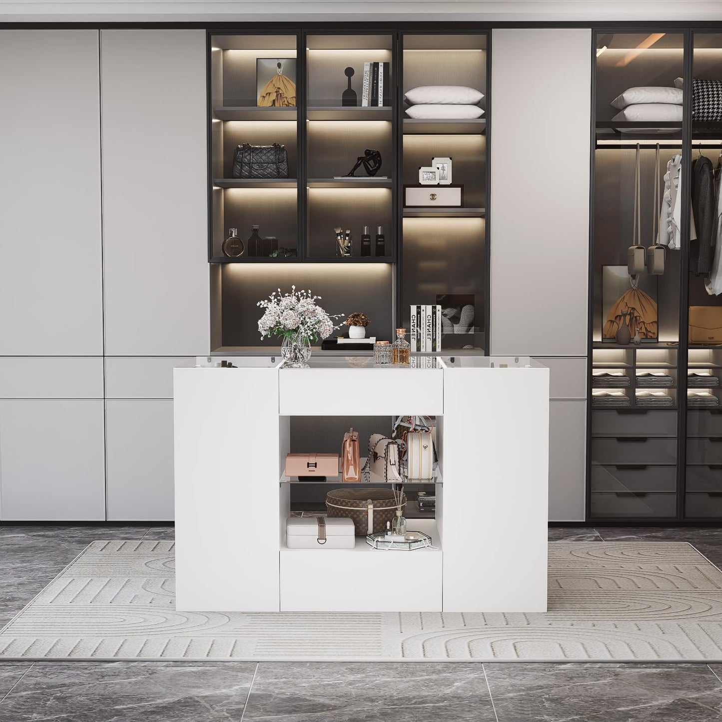 LIVAUVEAD Closet Island with Drawers, Wardrobe Armoire Bedroom Island, Glass Display Shelf & 12 Drawers, White Dresser with Glass Top, Walk-in Closet Island for Bedroom, Cloakroom
