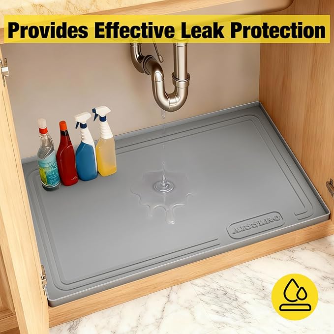 Under Sink Mat 28" X 19", Waterproof Silicone Under Sink Mats for Kitchen, Anti-Leak Shelf Liner & Cabinet Protector with Raised Edge, [BPA Free] Bathroom Tray Home Organizer, Grey