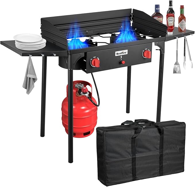Bestfire 2 Burner Camping Stove with Windpanel& Side Shelves, Bag, Auto Ignition Button,Regulator,150,000 BTU Camping Stov...